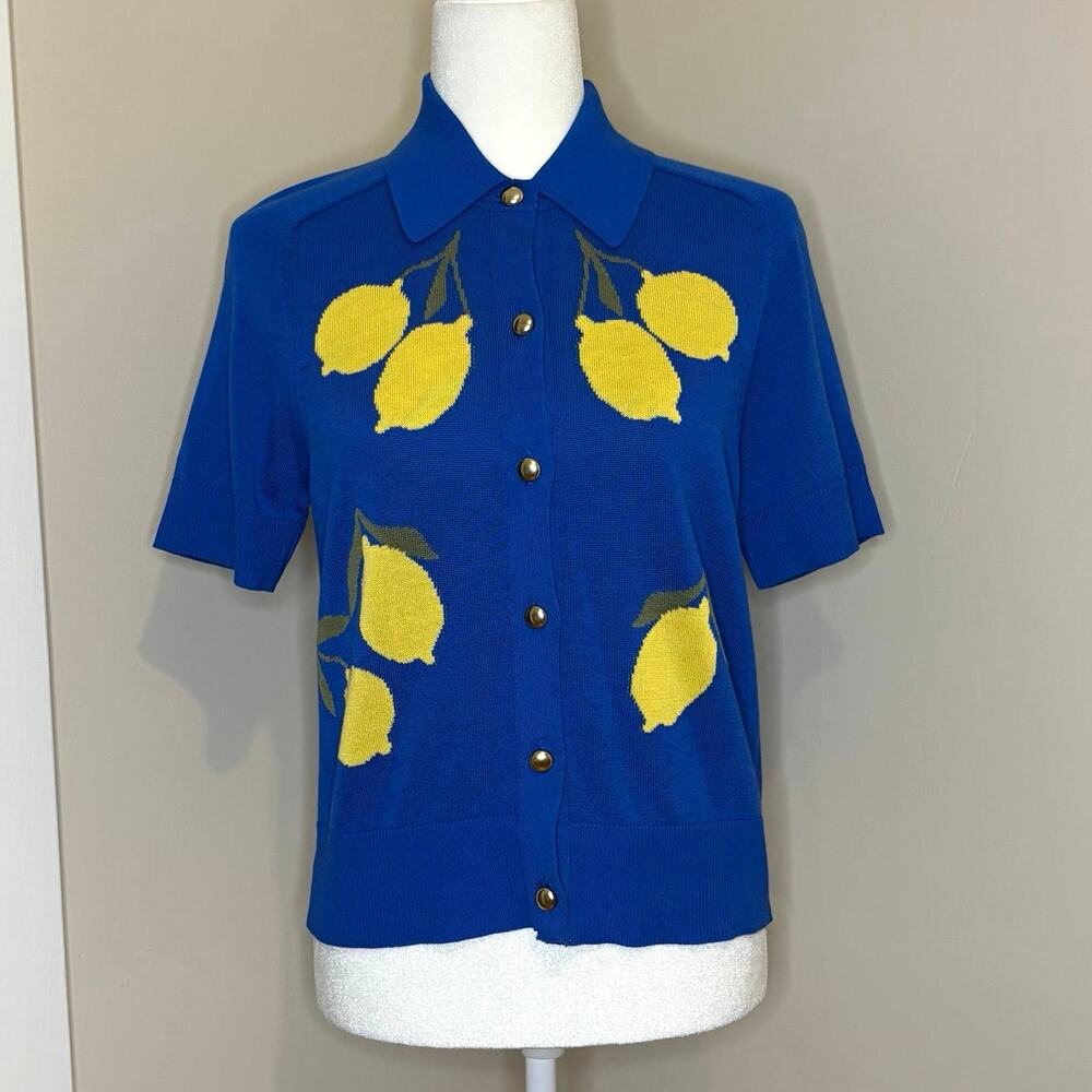 Free Assembly Lemon Intarsia Short Sleeve Cardigan Sweater Women's S Royal Blue